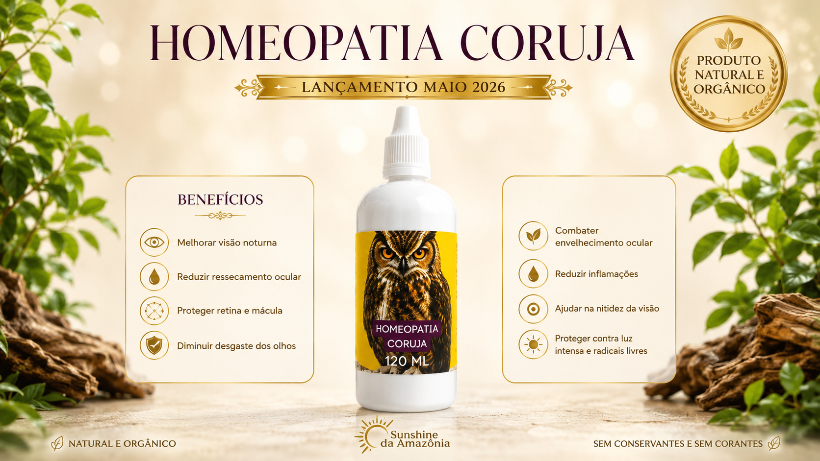 Banner Homeopatia Coruja, lançamento maio 2026
